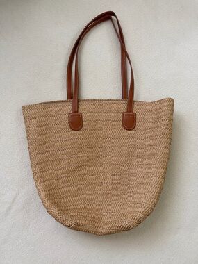 Natural Straw Tote with Brown Leather Handles